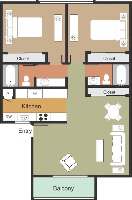 A floor plan of an apartment with two closets, a kitchen, a balcony, and an entry.